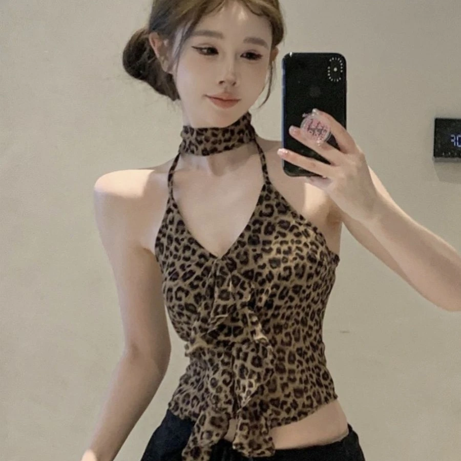 美式性感辣妹豹纹露背挂脖设计紧身内搭上衣小背心又a又辣女装潮