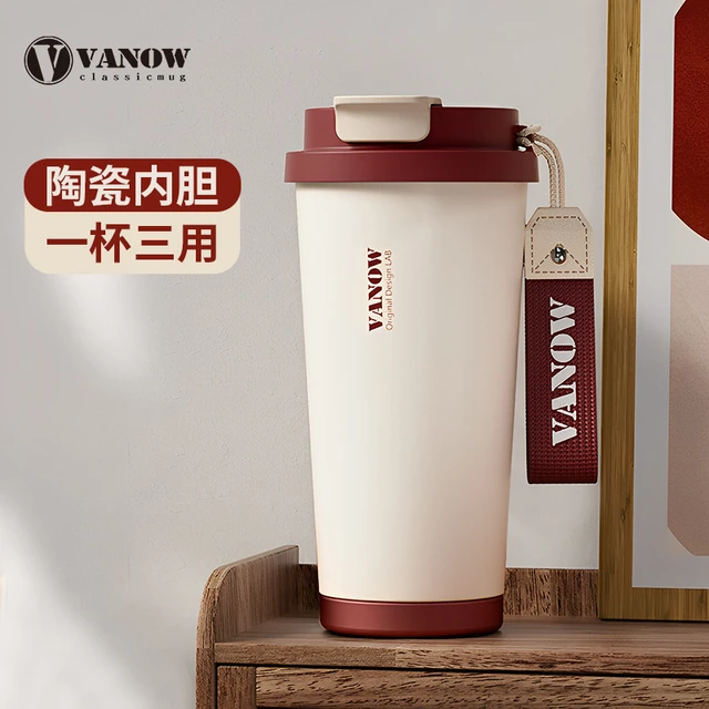 Vanow陶瓷内胆咖啡杯保温杯女2025新款高档随行大容量吸管水杯子