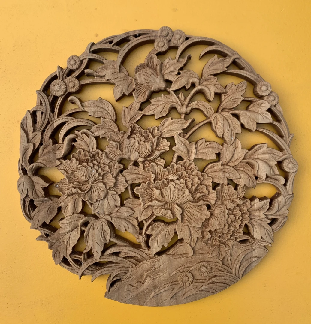 东阳木雕牡丹圆工艺品中式雕刻精美老料风化