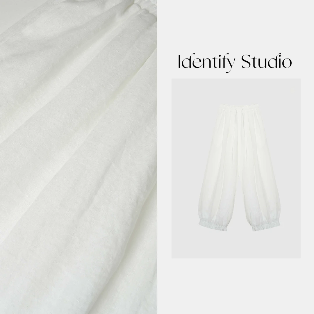 IDENTIFY“花苞裤”夏季新款时尚休闲白色褶皱花边苎麻裤子25SS