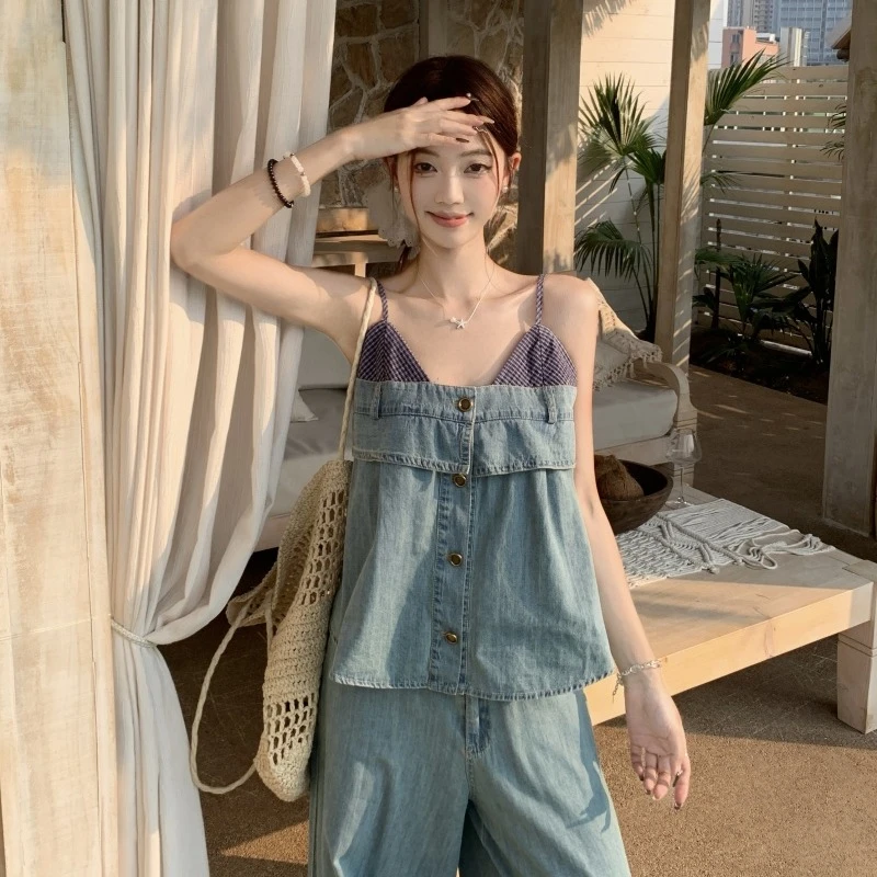 2025高级感单排扣假两件吊带上衣+气质薄款牛仔阔腿裤通勤显瘦