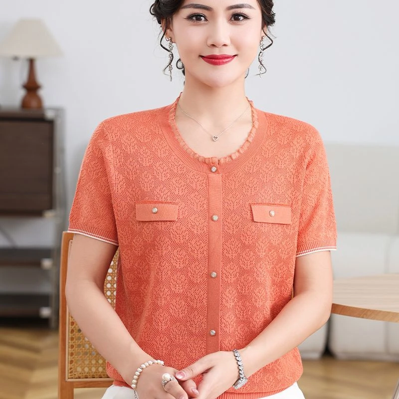 妈妈夏季冰丝短袖T恤薄新款洋气小衫上衣中老年针织汗衫透气遮肚