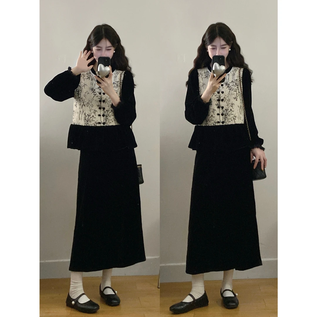 MO88ZSPF丝绒套装少女千金风2025秋冬新款胖mm遮肚显瘦半裙两件套