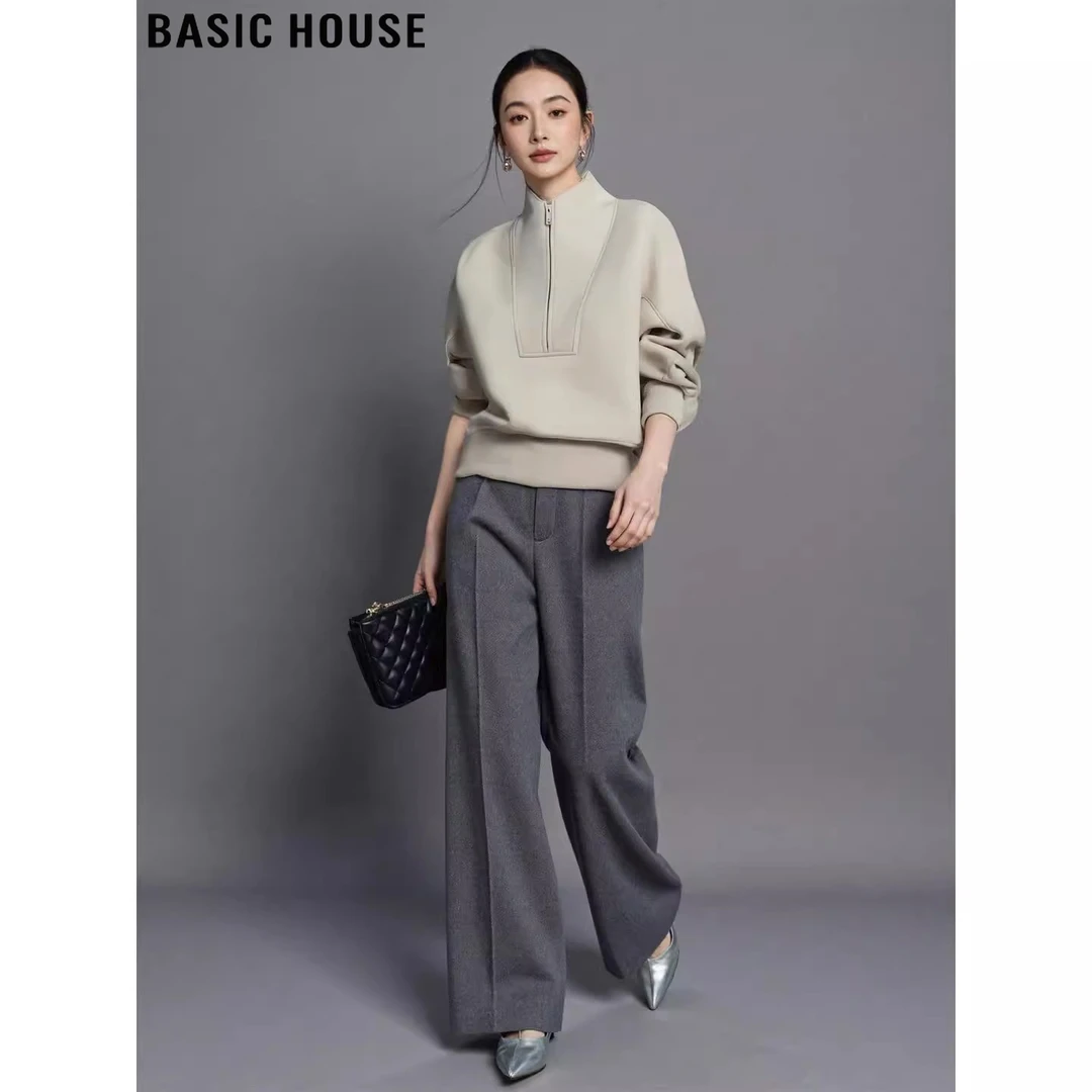 Basic House/百家好米白色半高领卫衣女2025秋季慵懒风半拉链外套