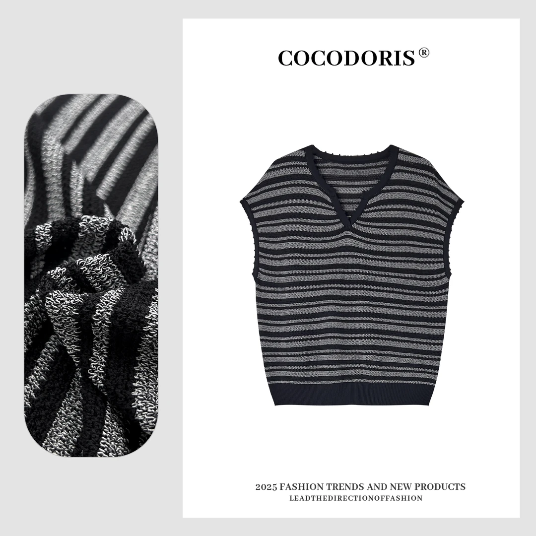 COCO DORISTZ新款高级感V领条纹针织背心夏季通勤百搭上衣L510