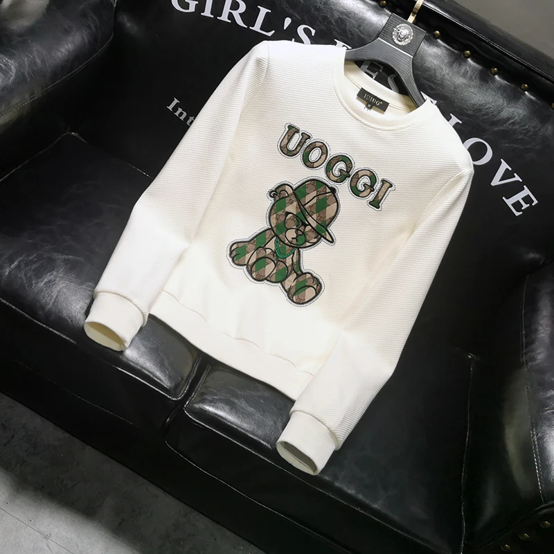 佩托本那卡通小熊刺绣烫钻印花卫衣男装春秋款时尚休闲长袖打底衫