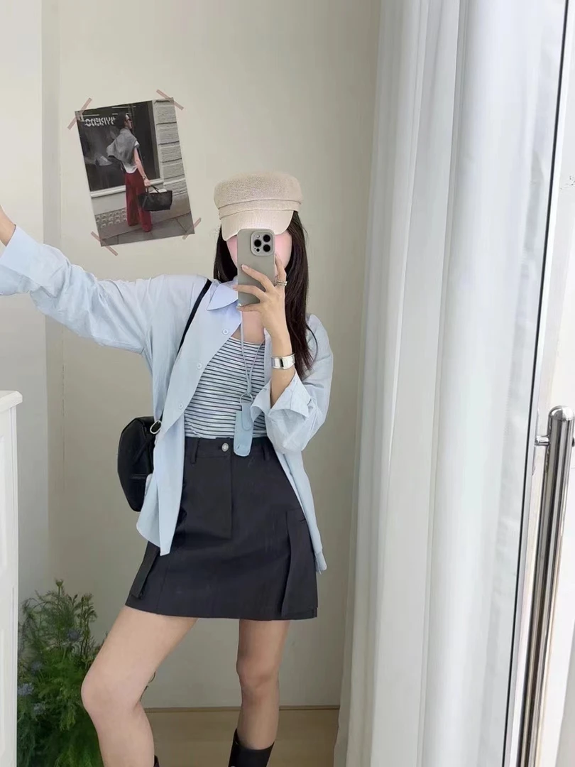 气质淡雅条纹吊带背心+翻领衬衫两件套（26135）