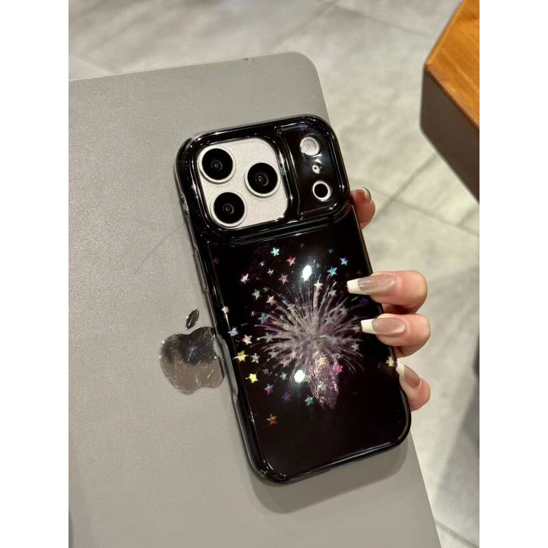 简约黑底烟花星星锡纸纹适用于iphone17promax苹果手机壳15新款16