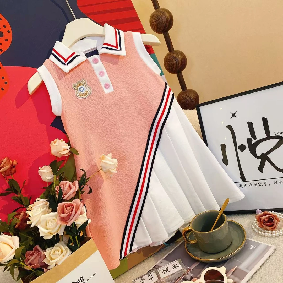 YH女童POLO领连衣裙夏季儿童学院风夏装女孩背心百褶裙洋气80359