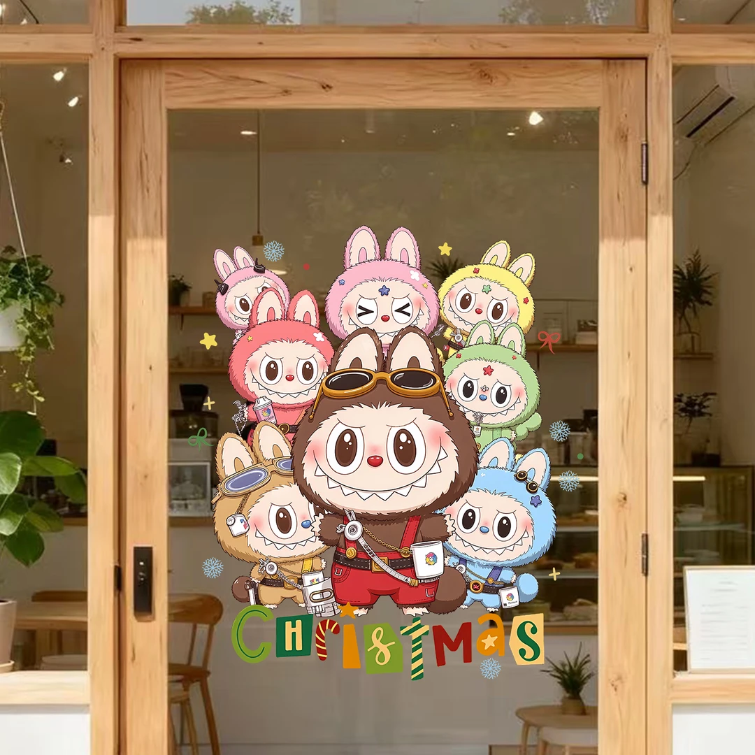 卡通Labubu拉布布玻璃贴纸圣诞节装饰商场玩具店铺橱窗氛围布置