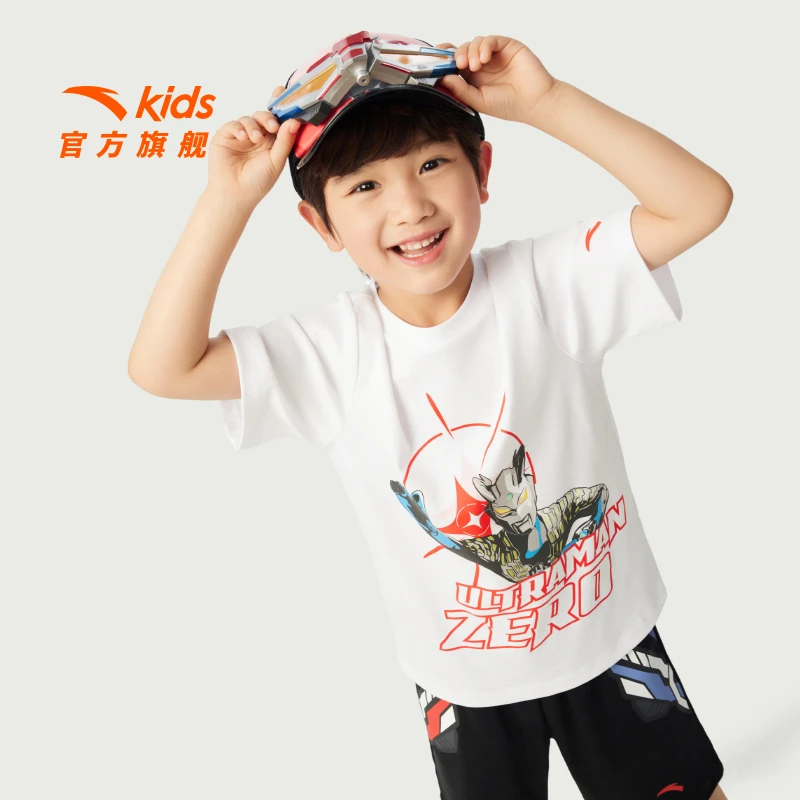 安踏儿童男小童针织短袖衫透气亲肤儿童纯棉短袖奥特曼/352529122