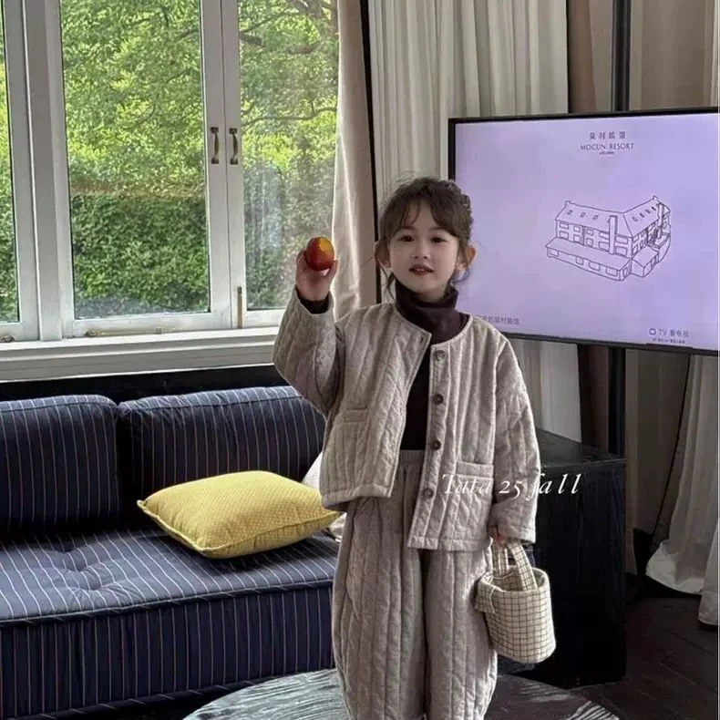 女童秋冬装套装2025新款儿童韩版夹棉圆领棉服外套宝宝洋气两件套