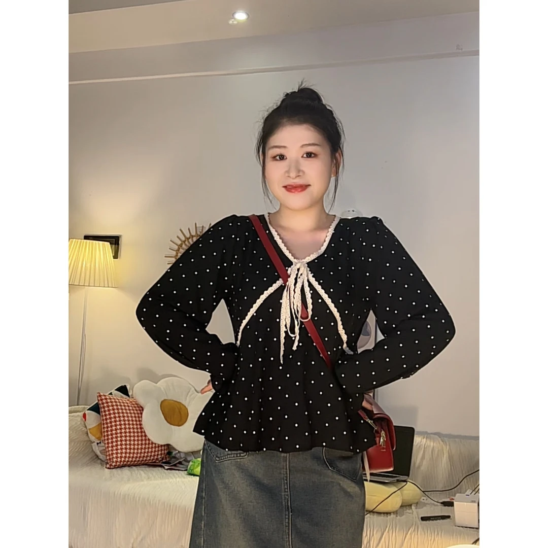 A6韩系蕾丝V领长袖衬衫女秋季大码胖mm气质遮肚显瘦波点上衣潮