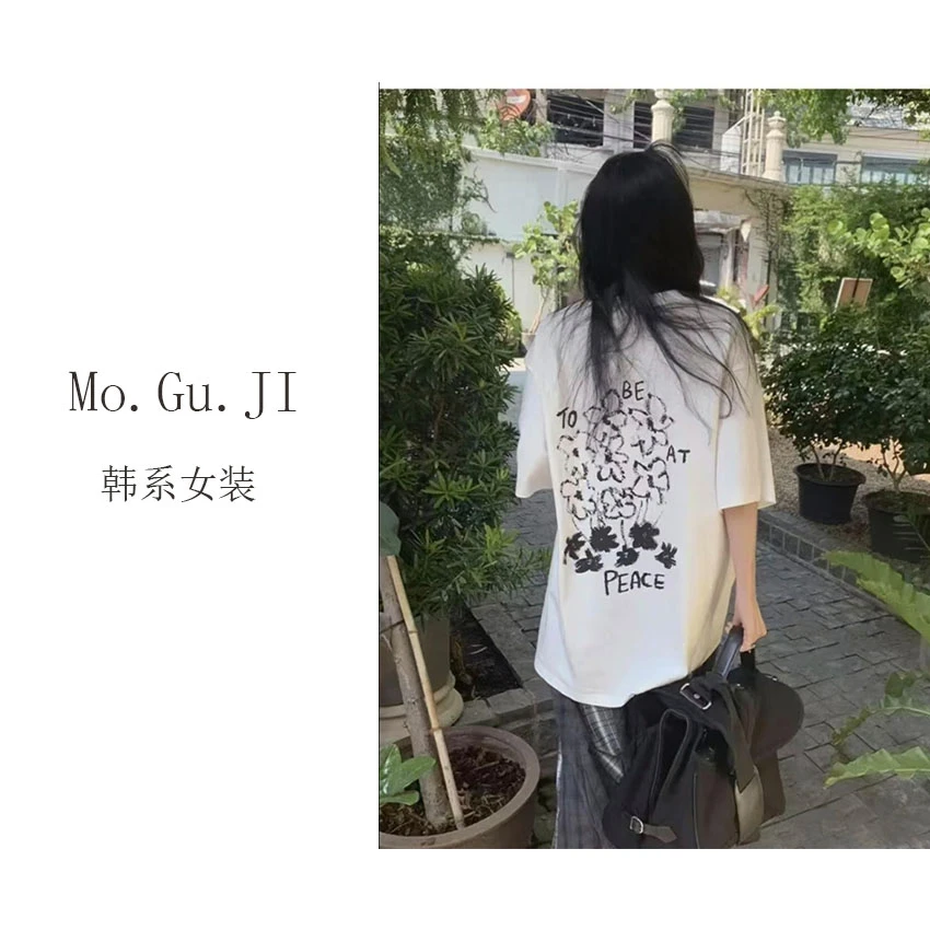 MoGuJI-【涂鸦花朵】春夏韩系高街时尚花朵短袖T恤5218