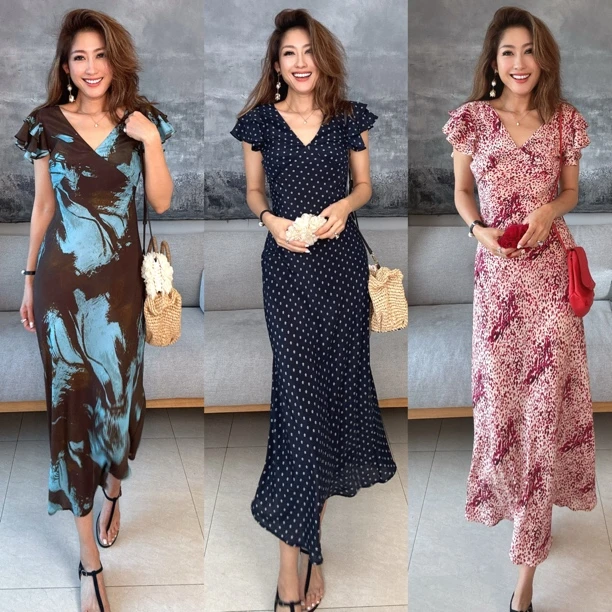 “浪漫花海”夏季波浪袖100%桑蚕丝时尚斜裁显瘦连衣裙