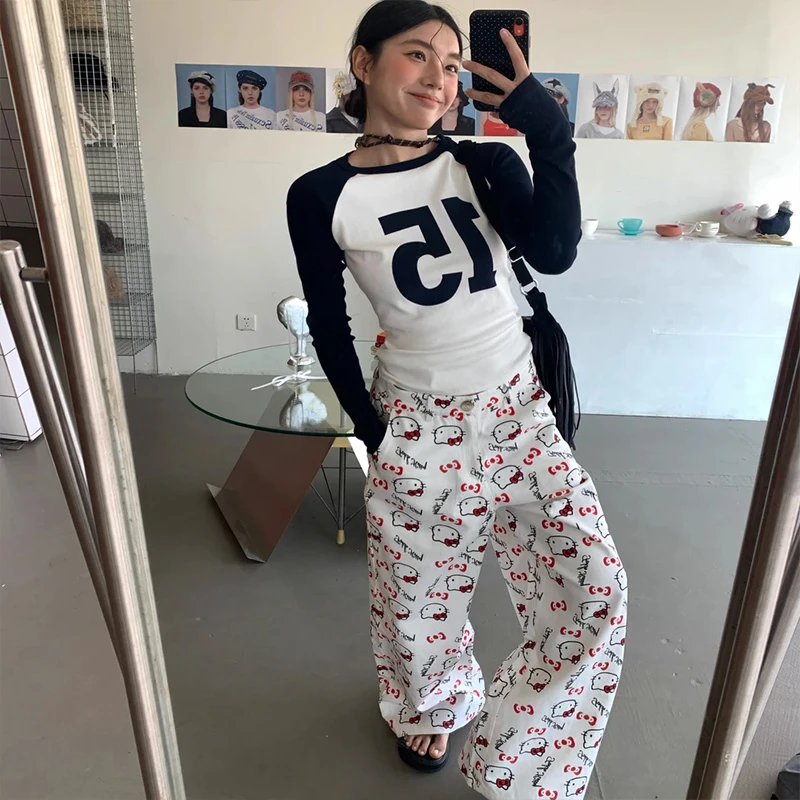 休闲慵懒风复古卡通可爱猫咪印花白色阔腿宽松百搭显瘦长裤牛仔裤