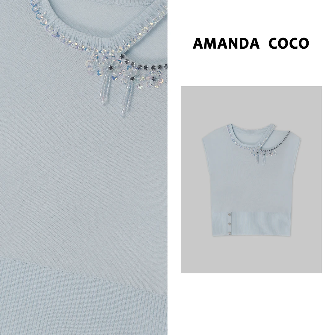 AMANDACOCO灿灿丨云柔诗刊~重工串钻气质收腰显瘦露肩短袖针织