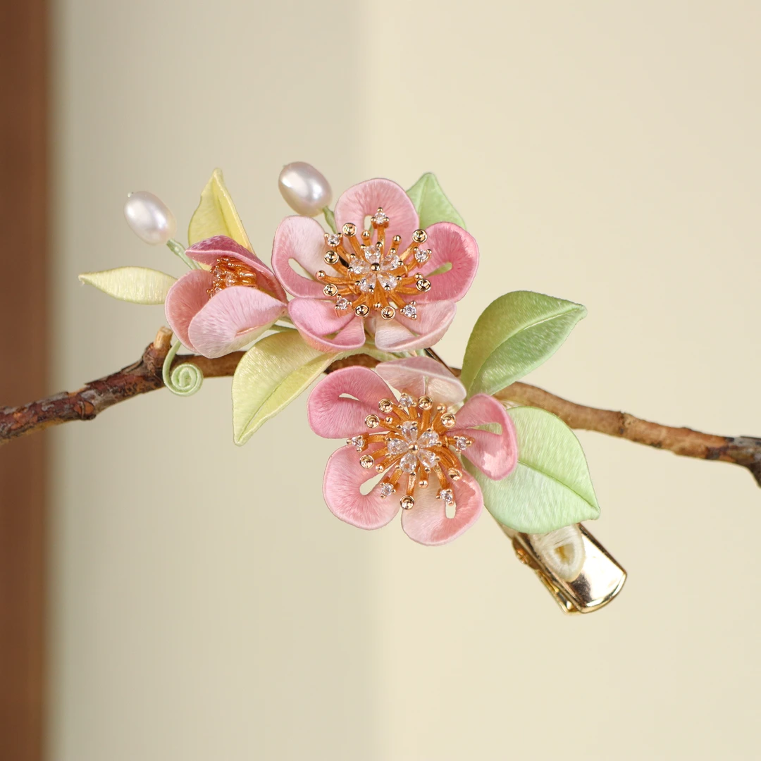 【桃花-发夹】非遗缠花桑蚕丝粉色桃花发夹夹头饰百搭轻奢气质