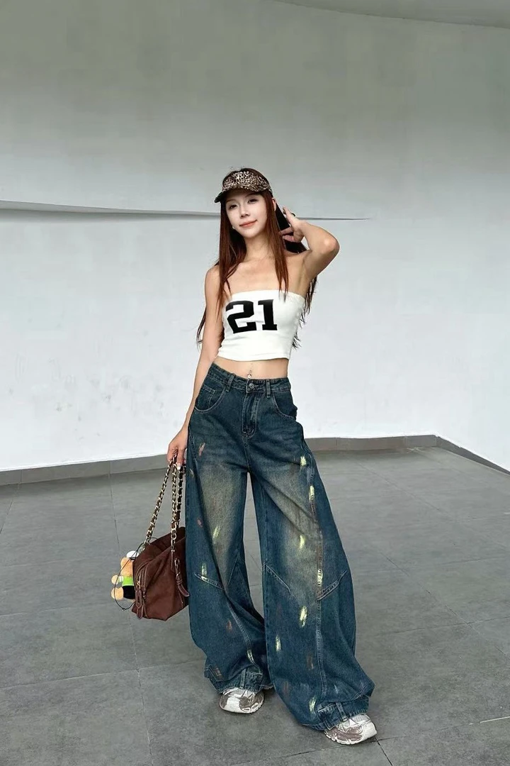 9535美式复古水洗破洞阔腿牛仔裤