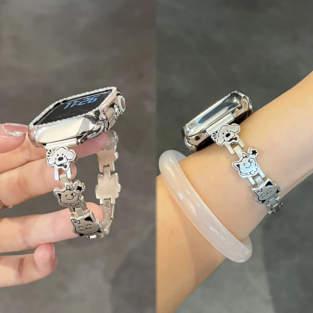 适用苹果手表表带s11小狗s10猫咪Apple watch金属s9女se夏XL腕带