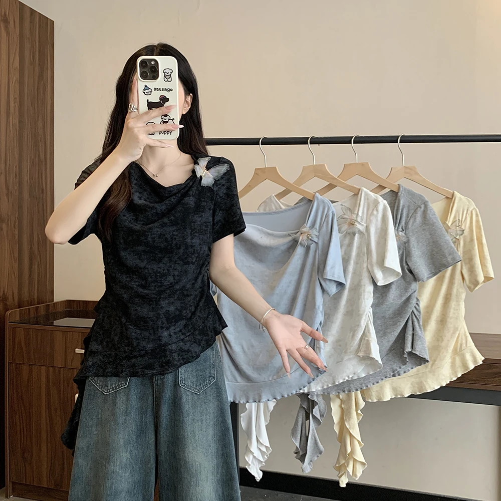 不规则立体蝴蝶收腰正肩短袖t恤女夏季大码胖mm显瘦遮肚短款上衣