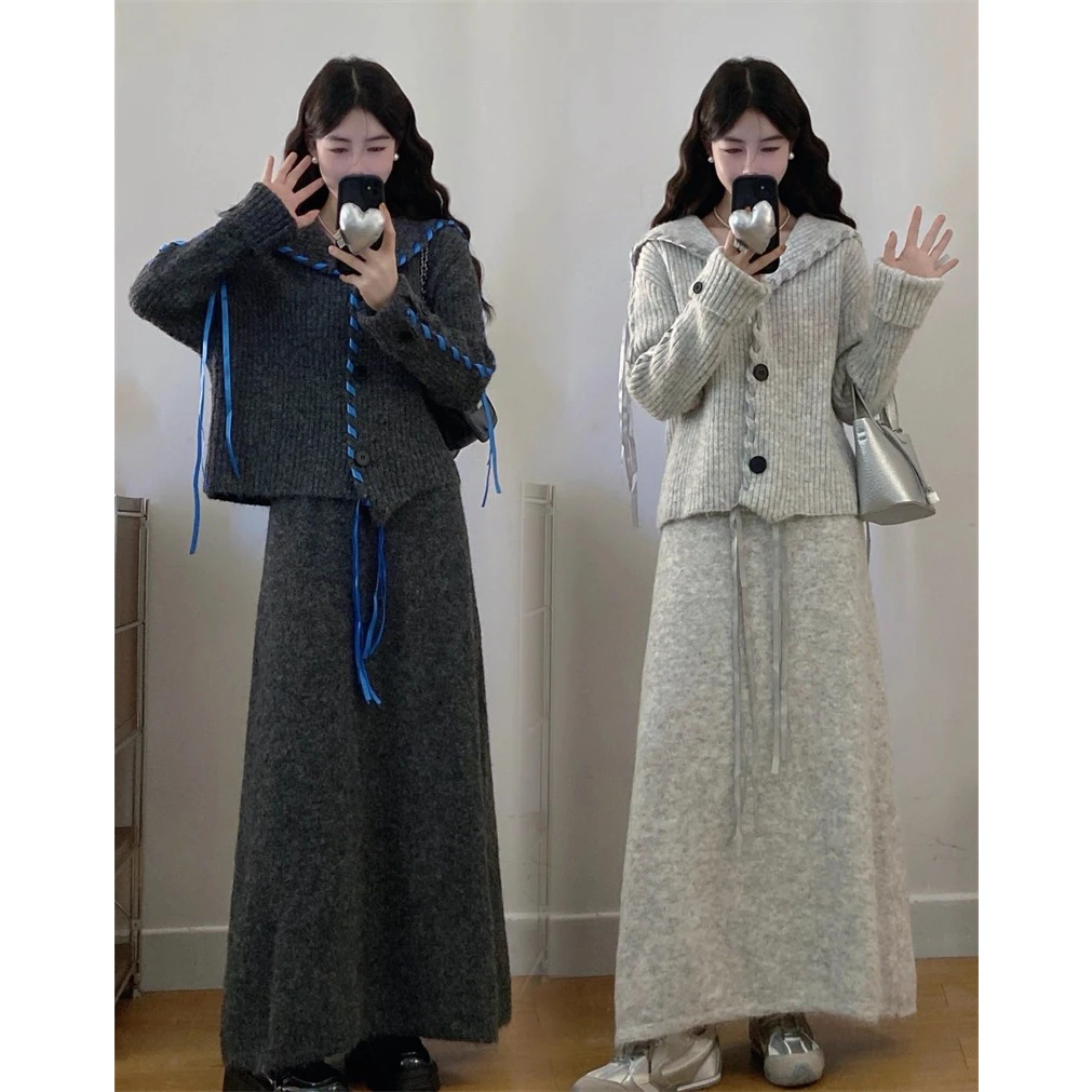 大码装25秋冬新款胖MM白色针织开衫毛衣显瘦高腰半身裙洋气两件套