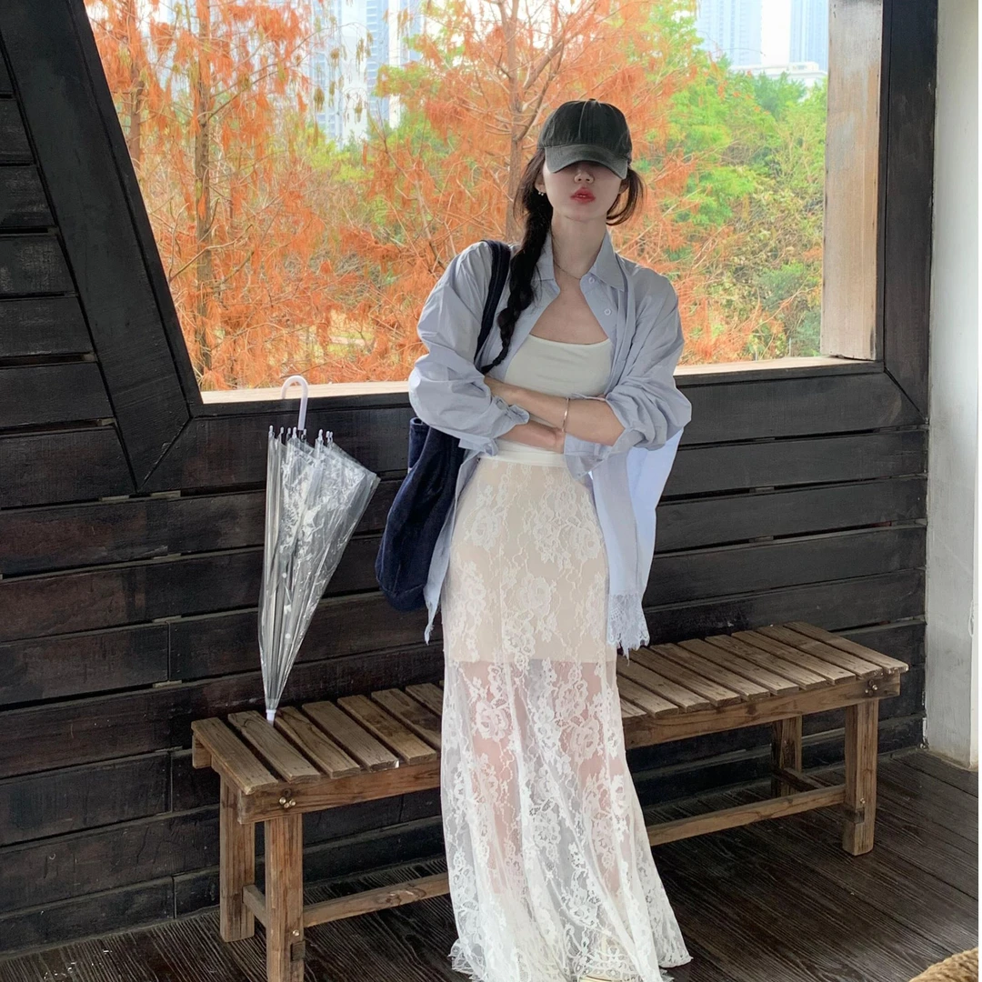 港风时尚气质防晒度假蕾丝拼接蓝色衬衫百搭打底内搭半身长裙套装