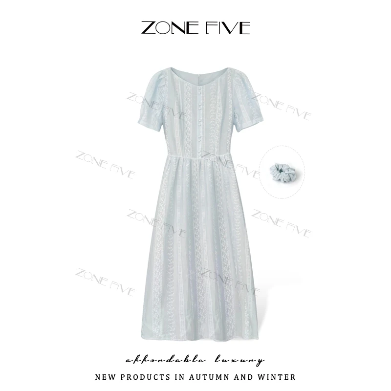 【zonefive】2025新款-欧若风泡泡袖收腰长款连衣裙【赠发圈】