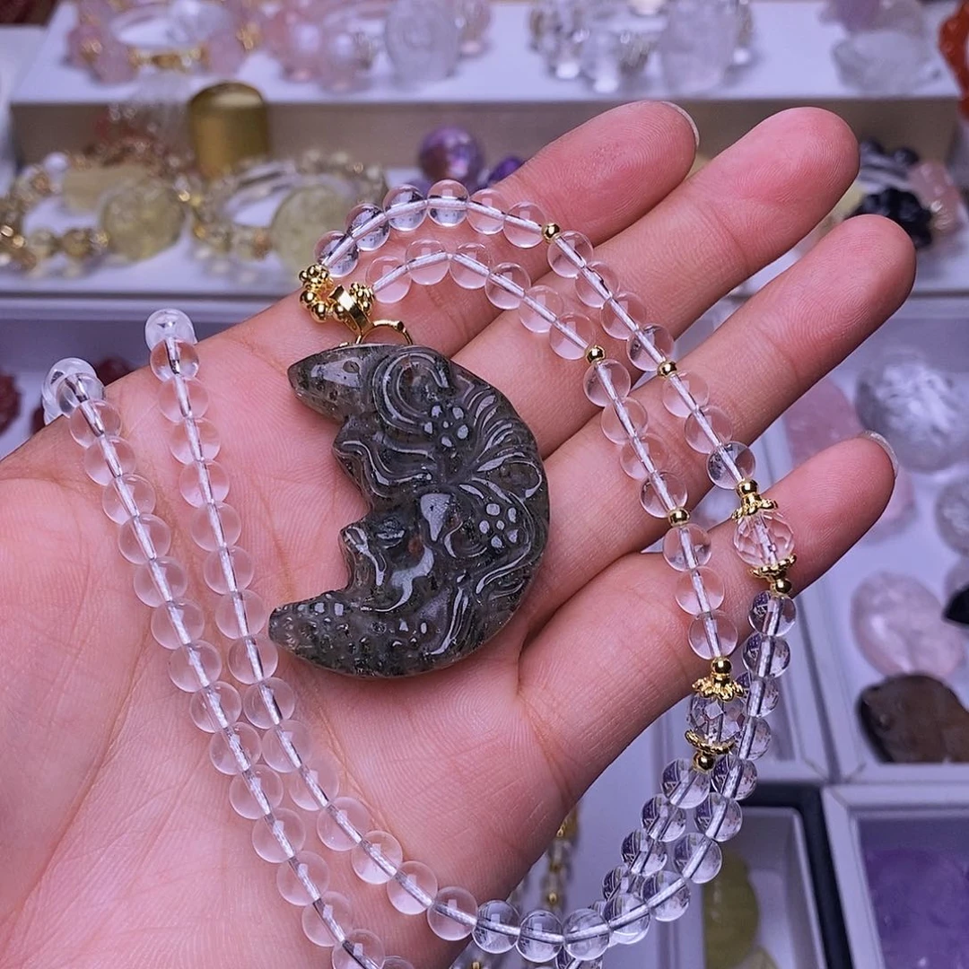 水晶颈饰未镶嵌璐*妖绿幽灵月亮狐 送链子