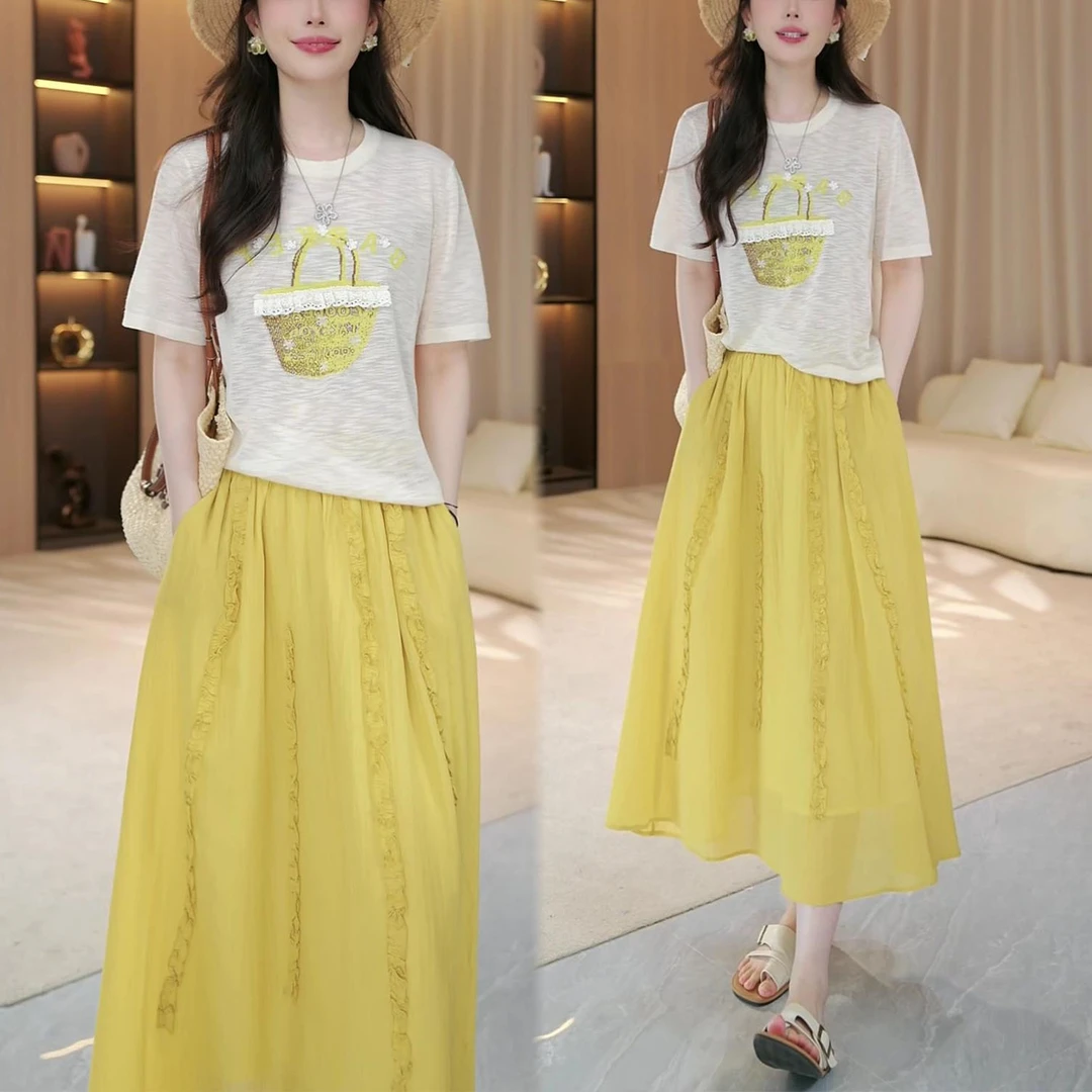 休闲印花短袖上衣显瘦收腰半身裙套装夏季新款宽松韩版遮肉两件套