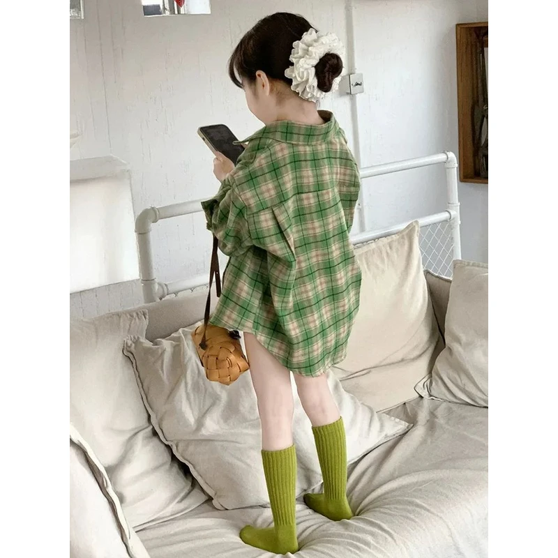 女童春装2025新外套小女孩女童衬衫春秋高级感格子衬衫百搭学院风