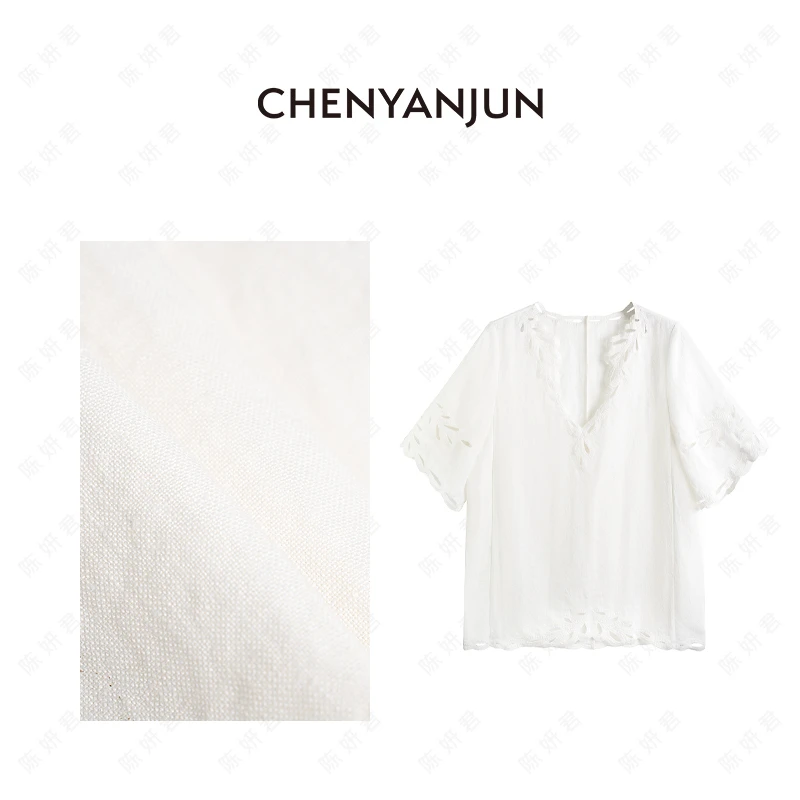 【佩佩美学专属】法式亚麻镂空刺绣V领短袖上衣 CYJ-WWO74-W829