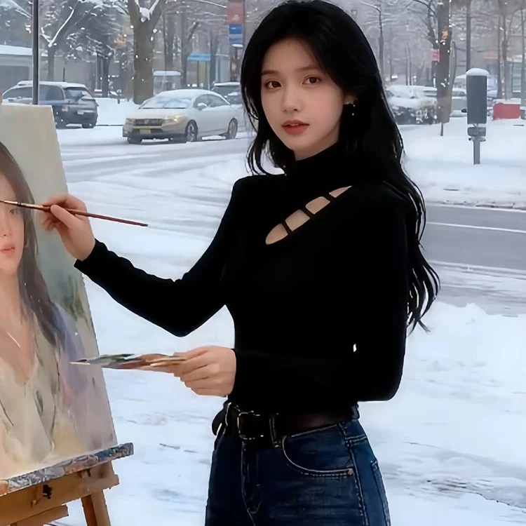 2025加绒纯欲风镂空立领长袖t恤女冬季新款修身显瘦时尚上衣女