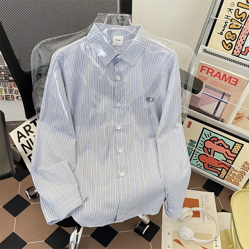 美式复古条纹衬衫男款夏季潮牌设计感小众宽松休闲百搭长袖衬衣