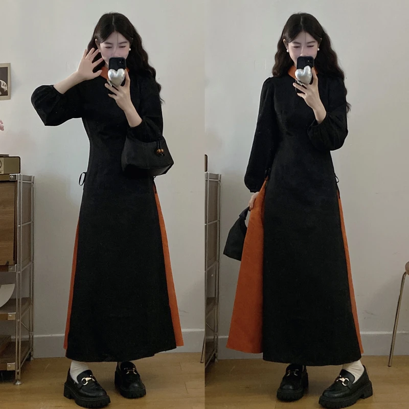 大码胖mm秋季女装新款中式旗袍国风提花拼接复古赫本风连衣裙女