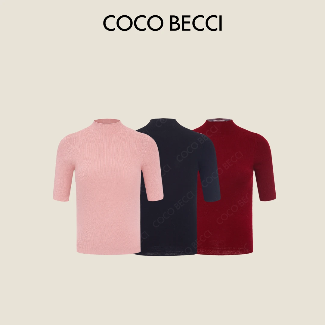 COCO BECCI100%精纺羊毛半高领百搭显瘦短袖针织衫CFXYC232089