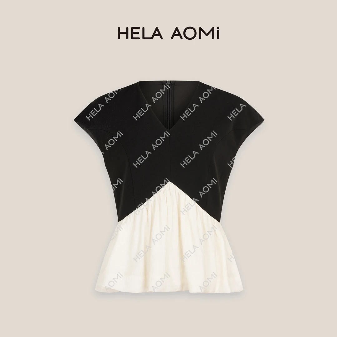HELAAOMI “气质千金”V领套头拼接花苞撞色短袖衬衫CY5BN11101
