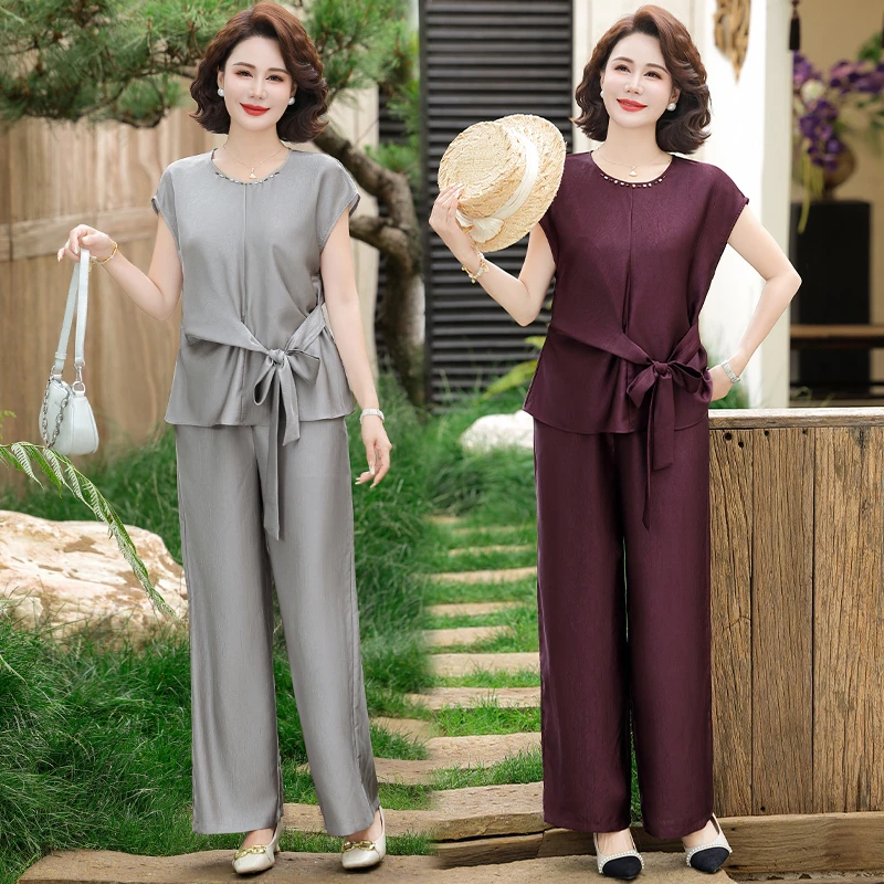 妈妈装夏季洋气套装气质减龄中老年女装大码宽松上衣裤子两件套