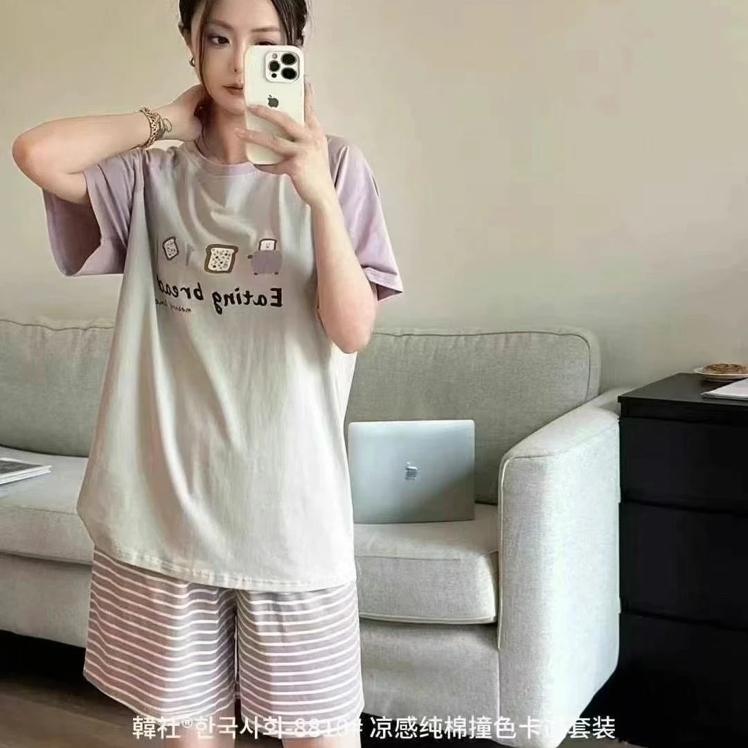 夏季凉感撞色卡通短袖短裤宽松家居服套装女可外穿
