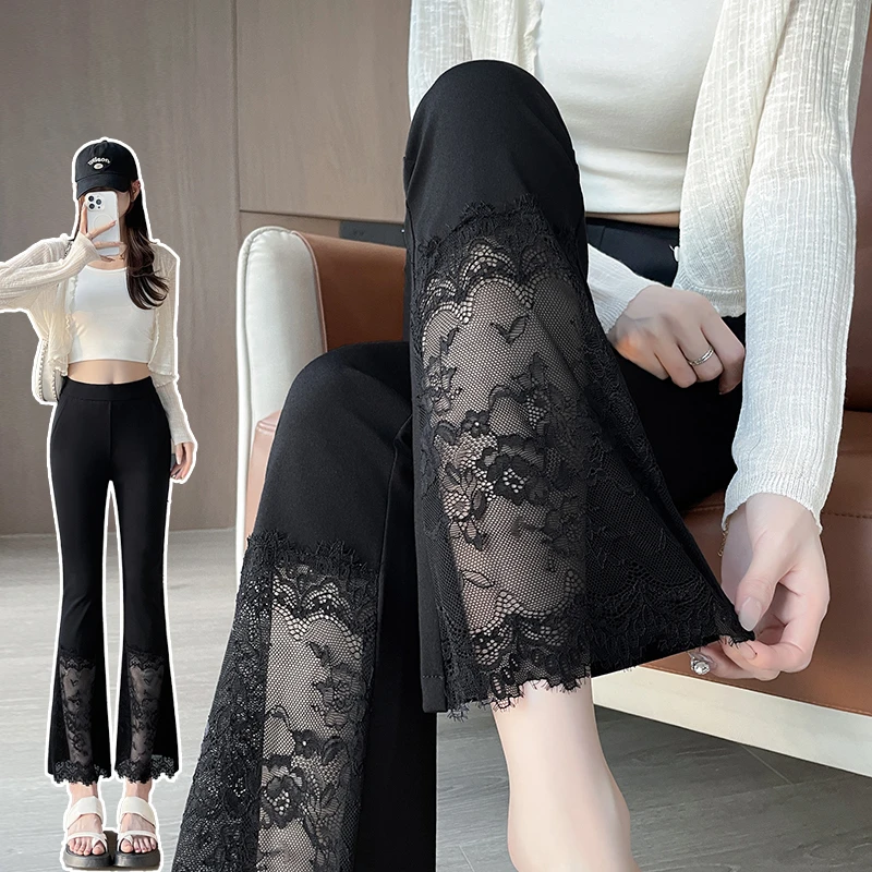2025新款蕾丝黑色小个子喇叭裤春季薄款女高腰百搭休闲显瘦九分裤
