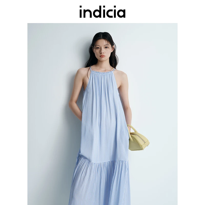 indicia标记25夏新款慵懒度假风海边连衣裙蓝白条纹L2B5LQ112