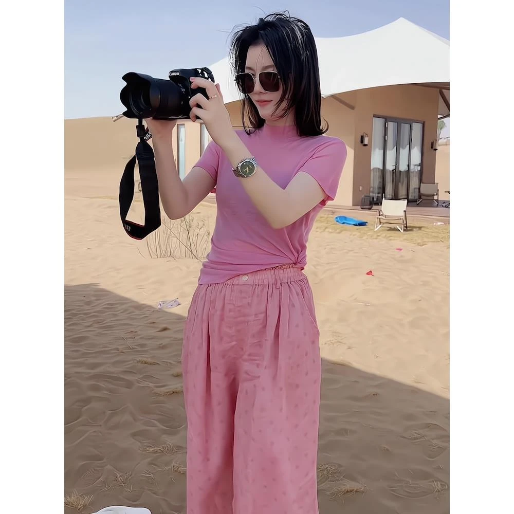 时尚休闲套装女粉色半高领正肩短袖T恤高腰阔腿裤宽松显瘦两件套
