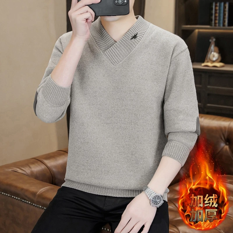 高档V领加绒加厚针织衫毛衣男士秋冬时尚保暖打底衫男装M25169