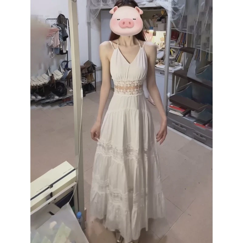 JustQin【白色恋人】这一刻浪漫极了~蕾丝拼接长裙收腰白色连衣裙