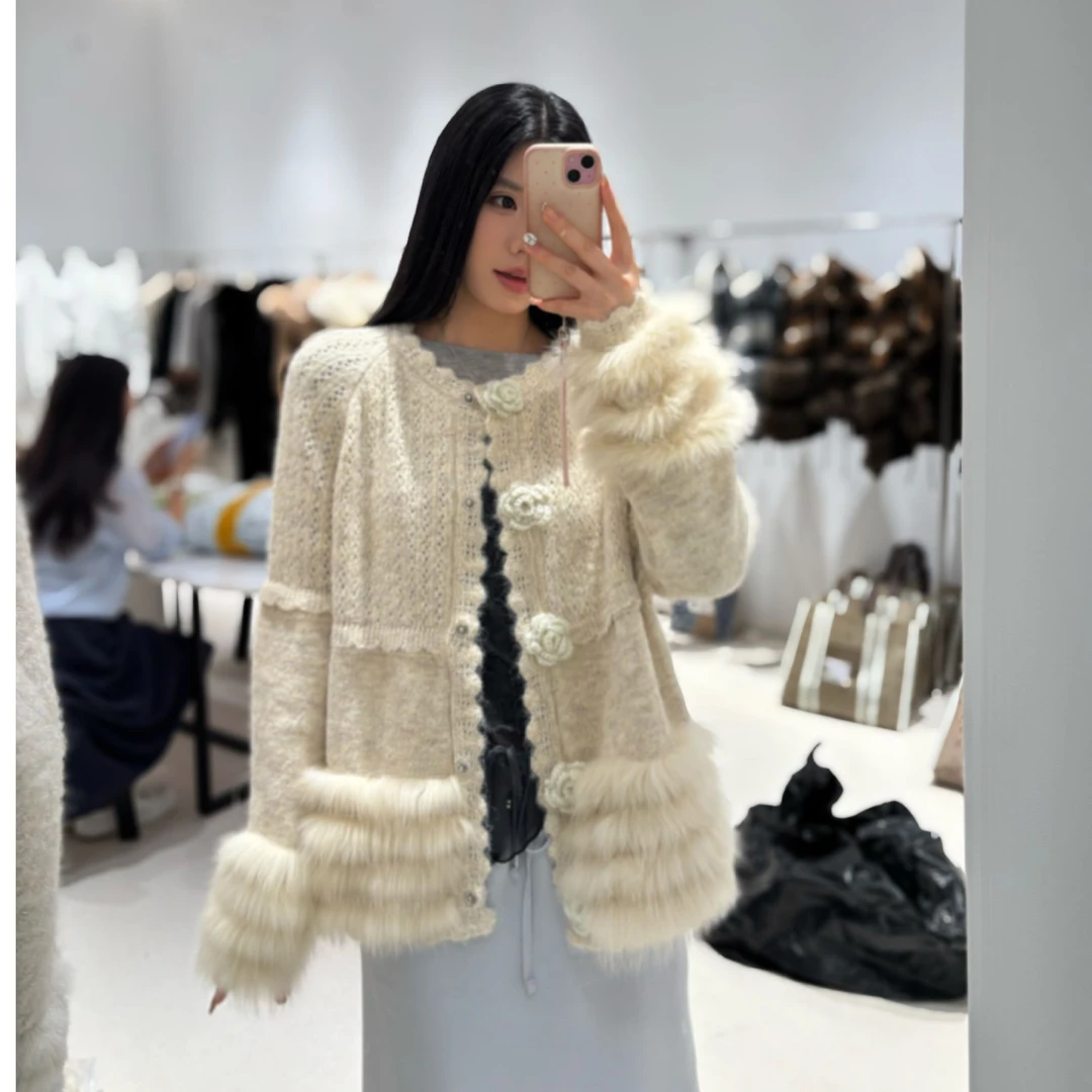 [韩系千金]新款短款狐狸毛针织毛衣开衫设计款减龄温柔系短款外套