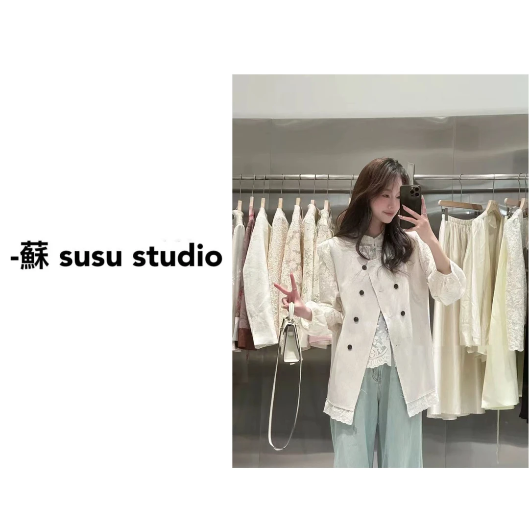 HM春秋新款无袖背心马夹蕾丝圆领拼接设计感复古英伦风马甲外套