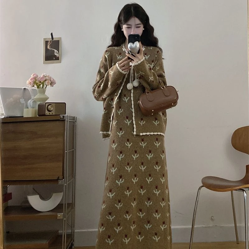 包包专属大码秋季新款复古系带花边上衣+针织吊带裙两件套1253