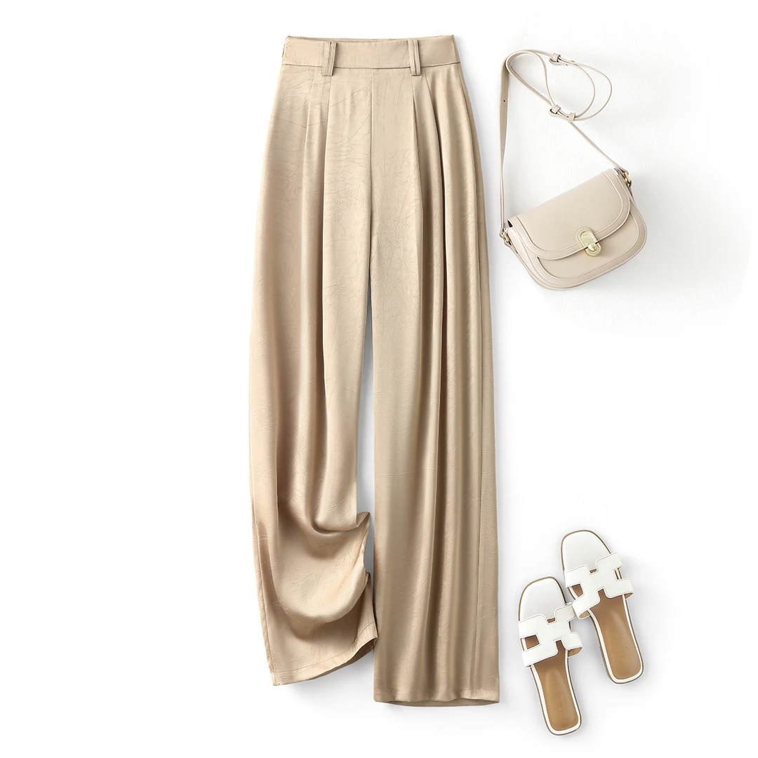 IHIMI2025夏新款女装简约百搭肌理缎面垂感阔腿裤高腰休闲裤3545