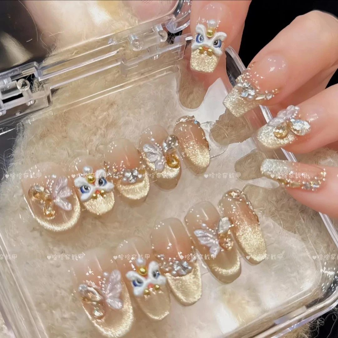 【烫金醒狮】轻奢少女系新年立体猫眼纯手工穿戴甲