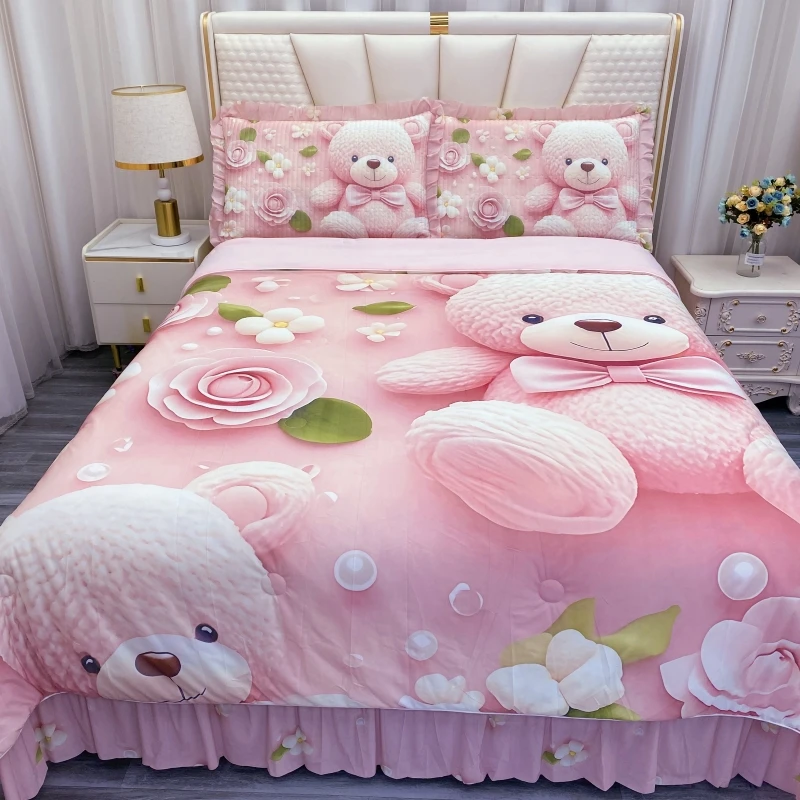 韩版6D冰丝床裙款夏凉被四件套夹棉床盖夏被空调被卡通床上用品
